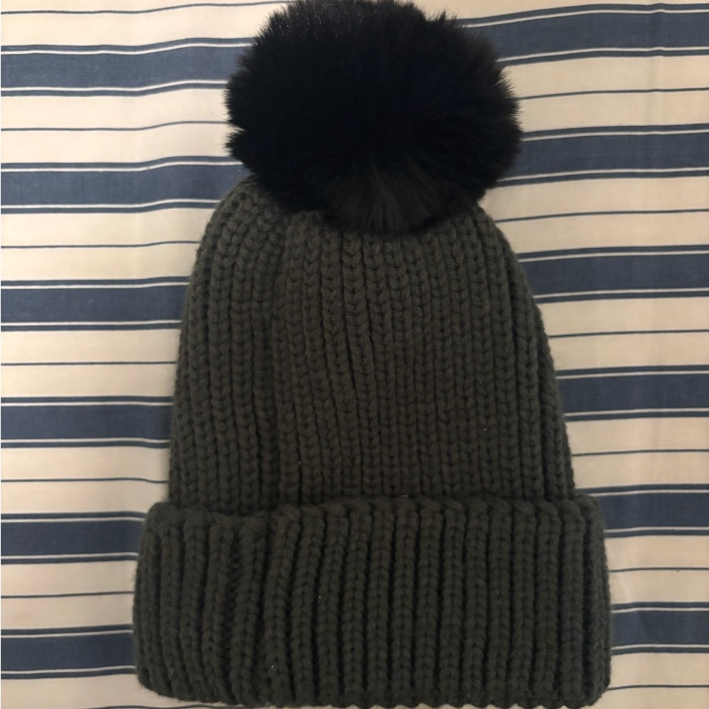 Steve Madden Dark Gray Knit Beanie with Pom Pom